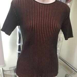 AKRIS Punto Ribbed Stretch Wool Short Sleeve Crew Neck Orange Sweater Top Tunic